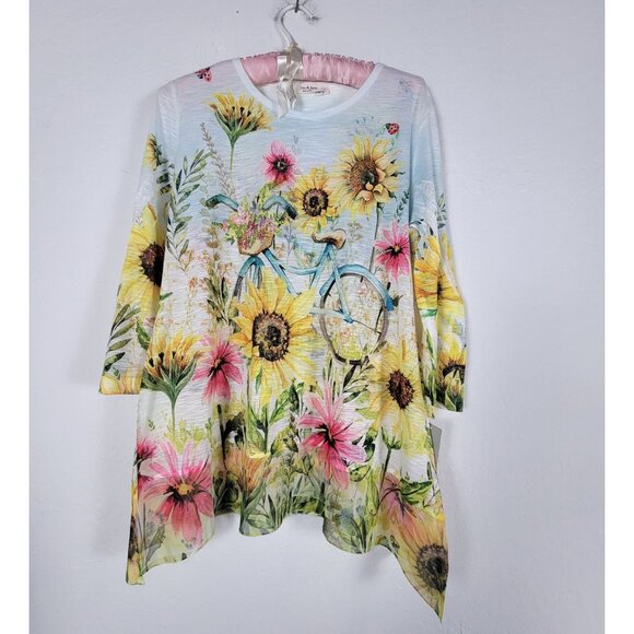Jess & Jane Womens Sunflower Bicycle Print Tunic Top Small Asymmetric New $67 - Picture 1 of 8